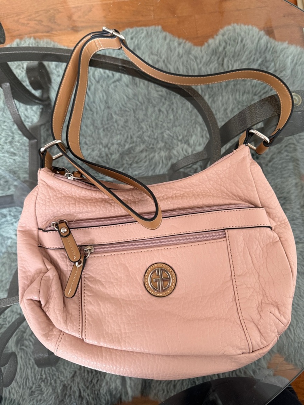 Gianni Bini Pink Pebbled Leather Shoulder Bag with Tan Trim